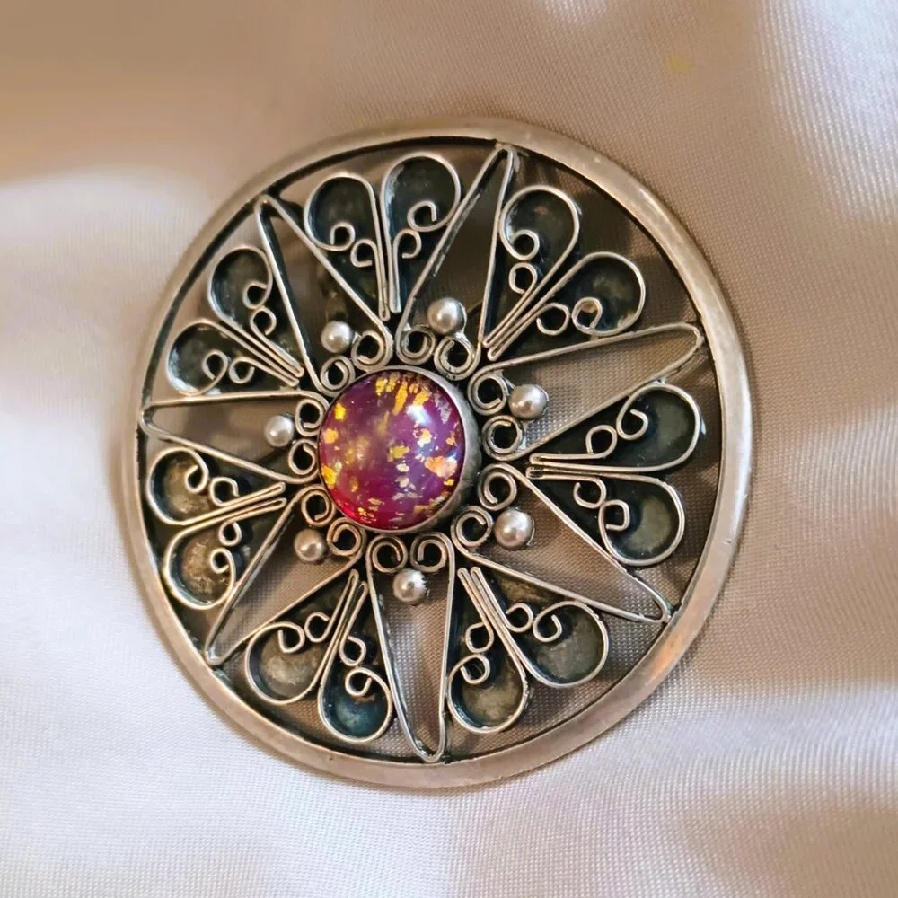 RN Vtg 925 Round Filigree Brooch Hecho En Mexico Amber Color Center Pendant